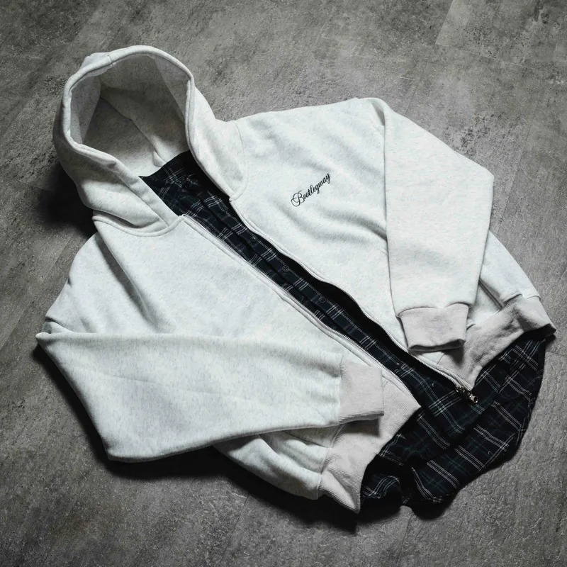 Bootlegway / BTLG Flannel Hoodie Grey 假兩件 襯衫 外套 灰藍