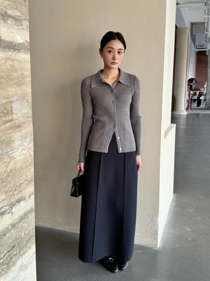 經典黑前壓摺造型修身鉛筆裙長裙S-L (Elegant & Love)