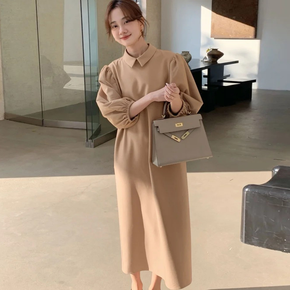 奶茶杏後珍珠排釦澎澎袖翻領長洋裝-F (Elegant & Love)