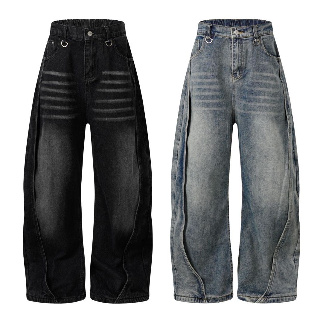 【A8373】解構剪裁水洗彎刀闊腿牛仔褲