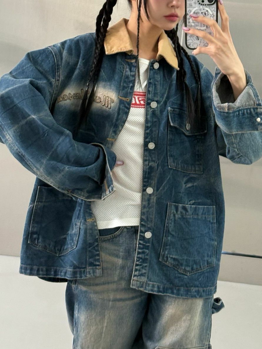 洗水英文字牛仔褸 UNUSED-070JK