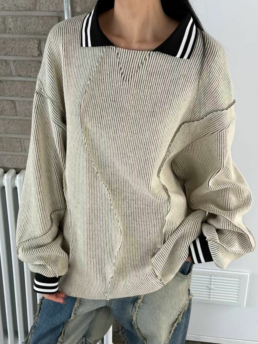 淨色反領暗紋長袖針織衫 UNUSED-071T