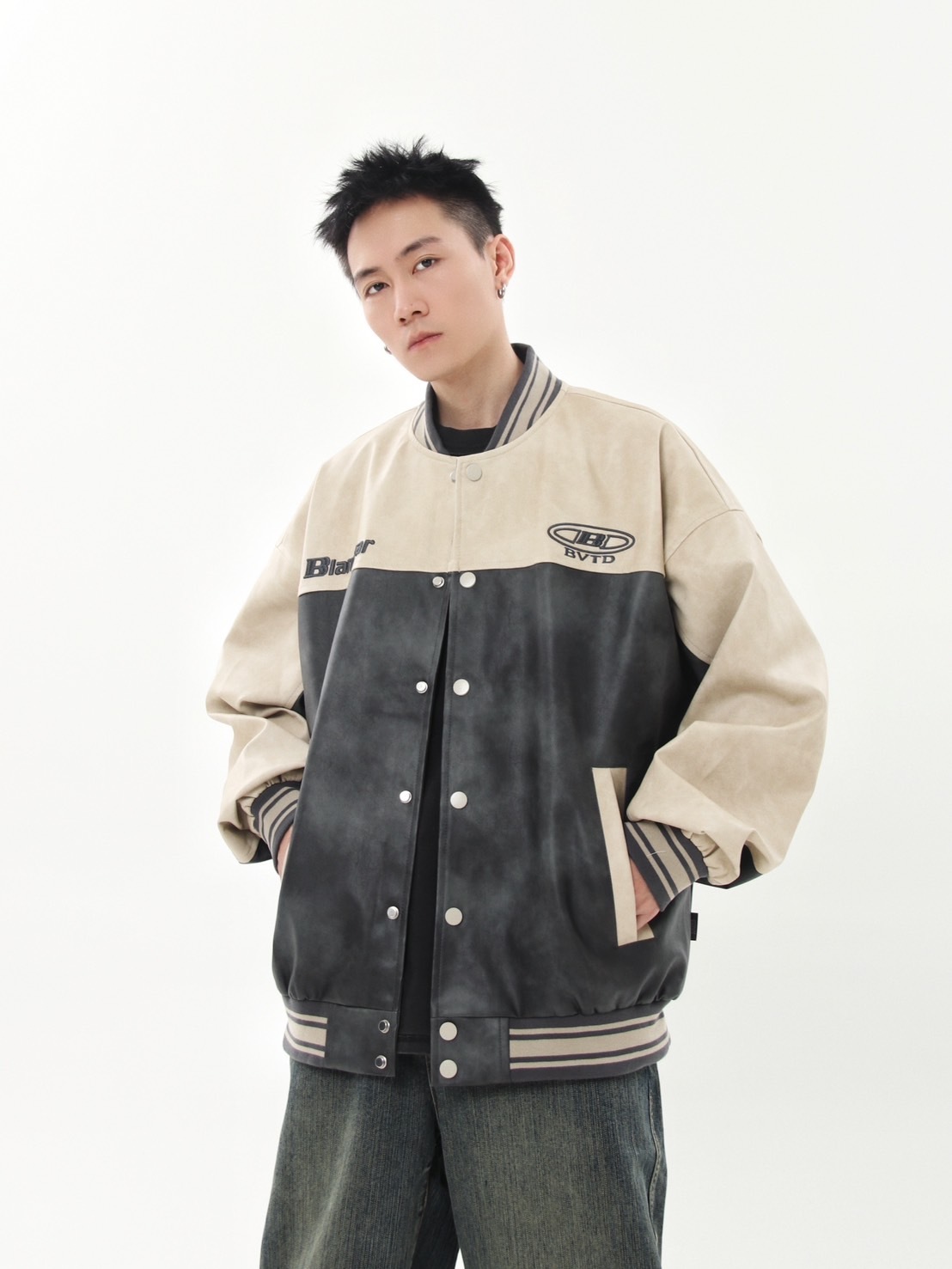 【EX-2299】美式復古拼接皮衣外套