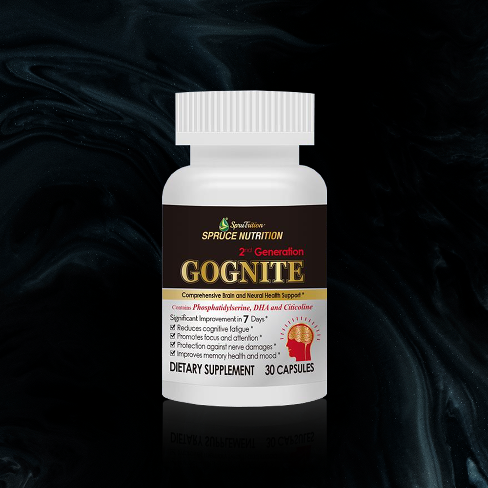 【 Spruce Nutrition 】第二代小分子腦靈素黑金版｜七重配方｜GOGNITE 2nd Generation｜✓ 減少認知疲勞 ✓ 促進注意力 ✓ 防止神經損傷 ✓ 提升記憶力 ✓ 舒緩情緒｜30 粒裝（美國原裝行貨）