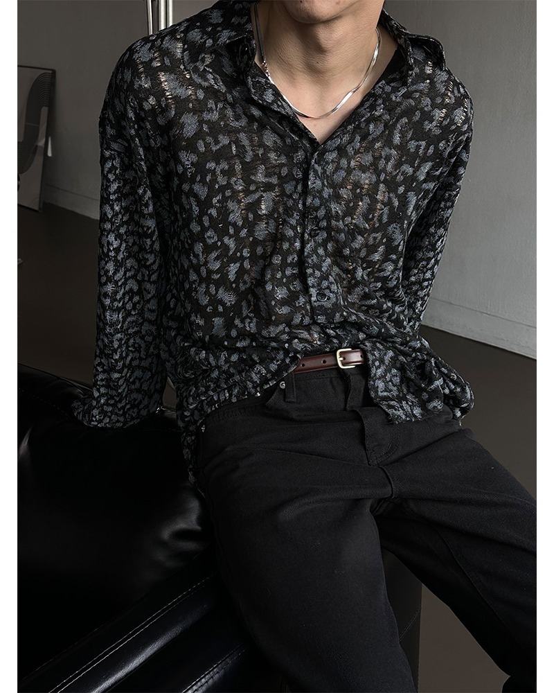 豹紋透視感長袖襯衫