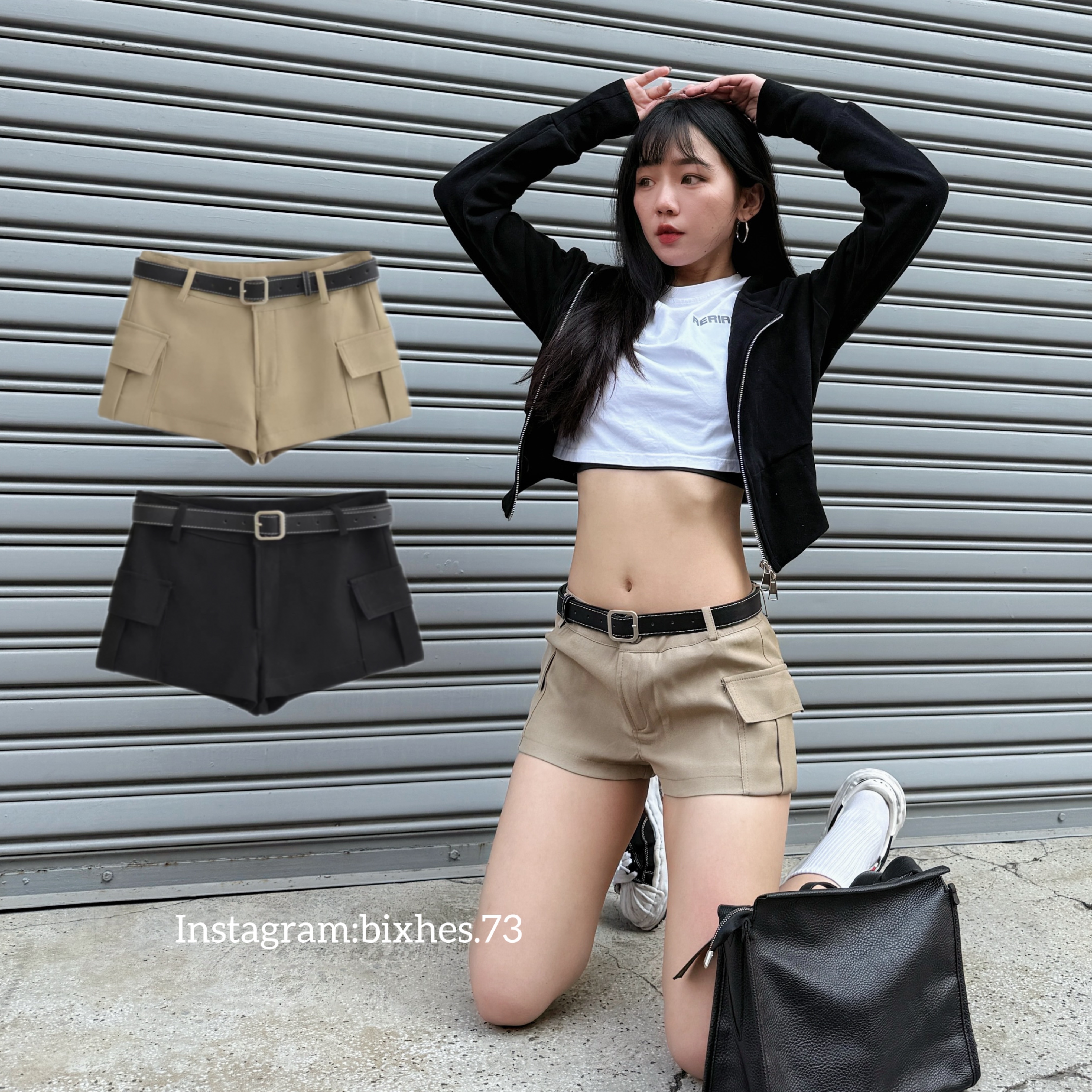 工裝雙口袋附皮帶短褲(E00113)