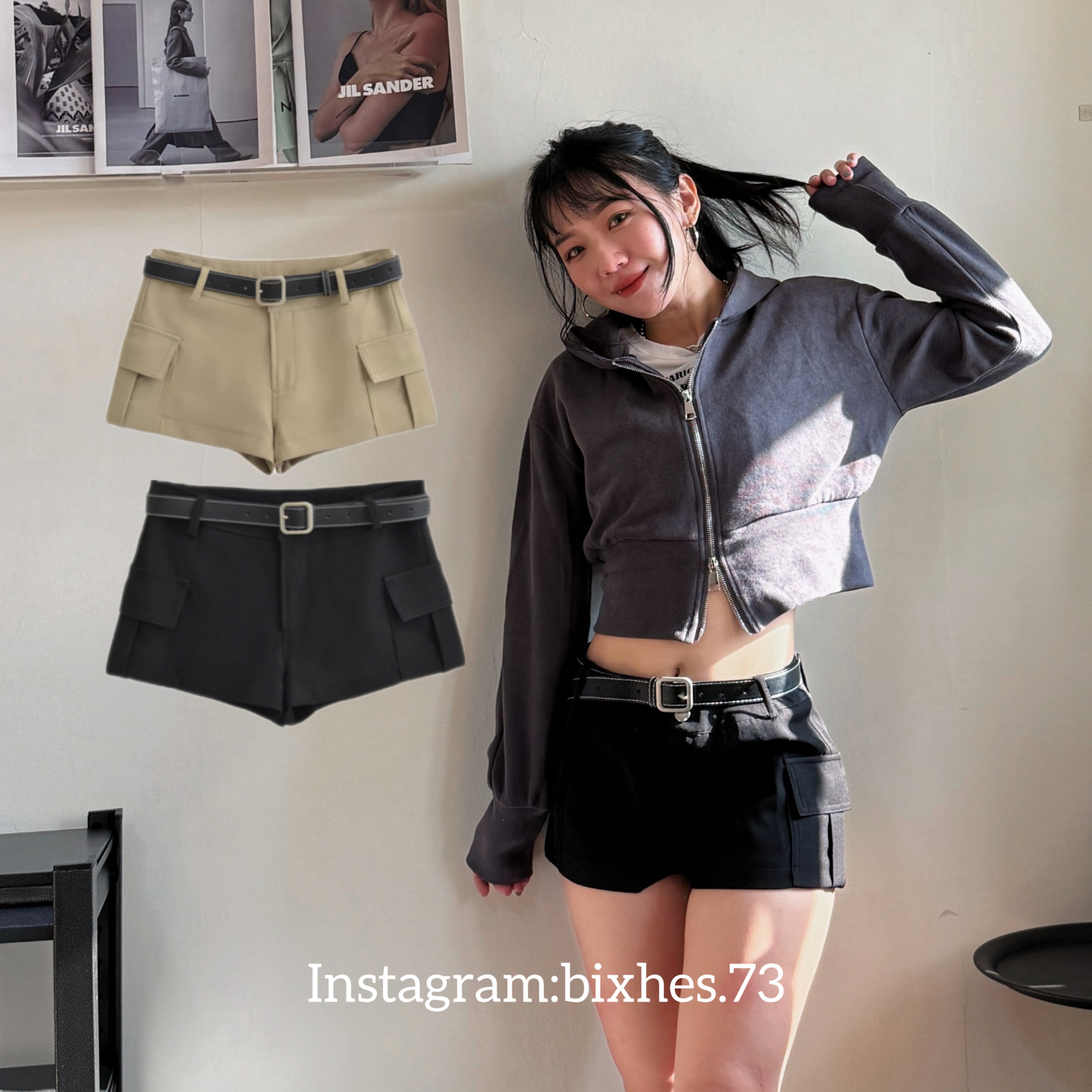 工裝雙口袋附皮帶短褲(E00113)