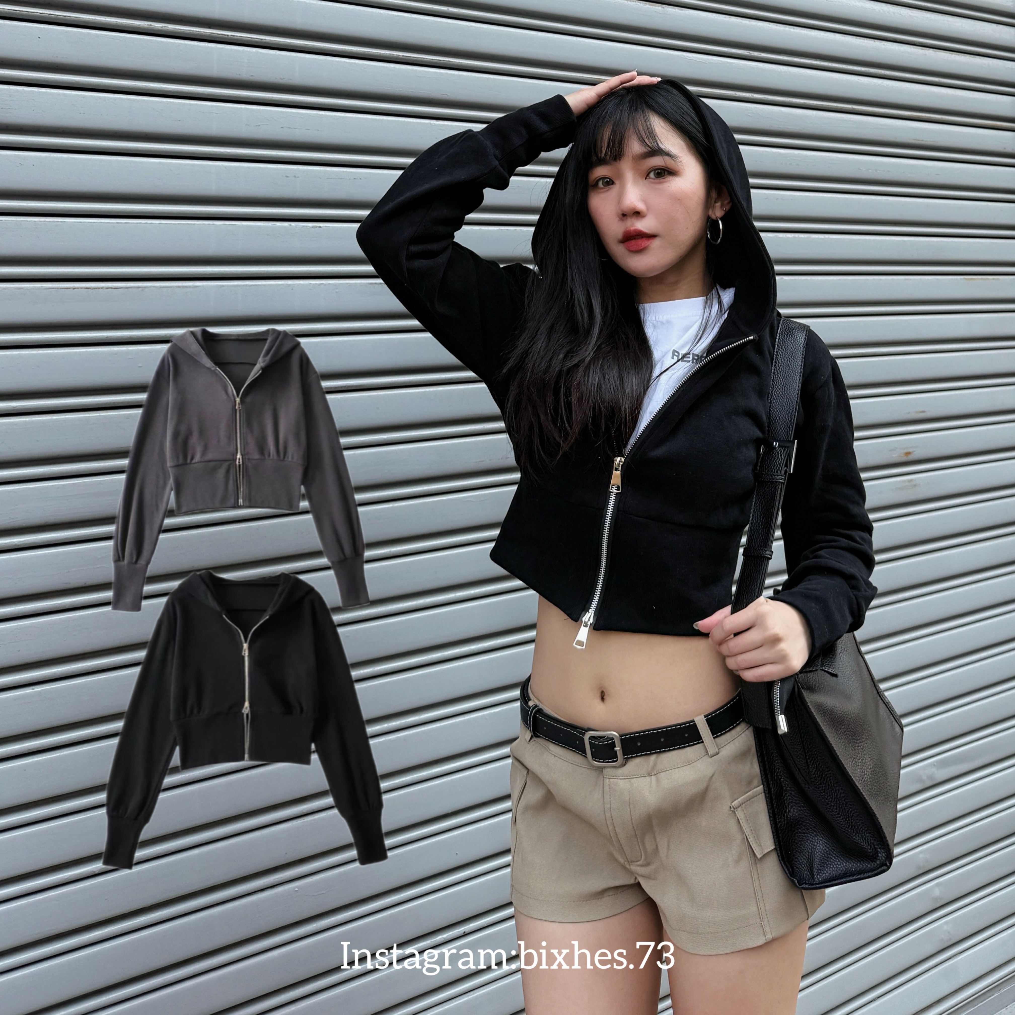 連帽雙拉鏈棉質短版外套(F00055)