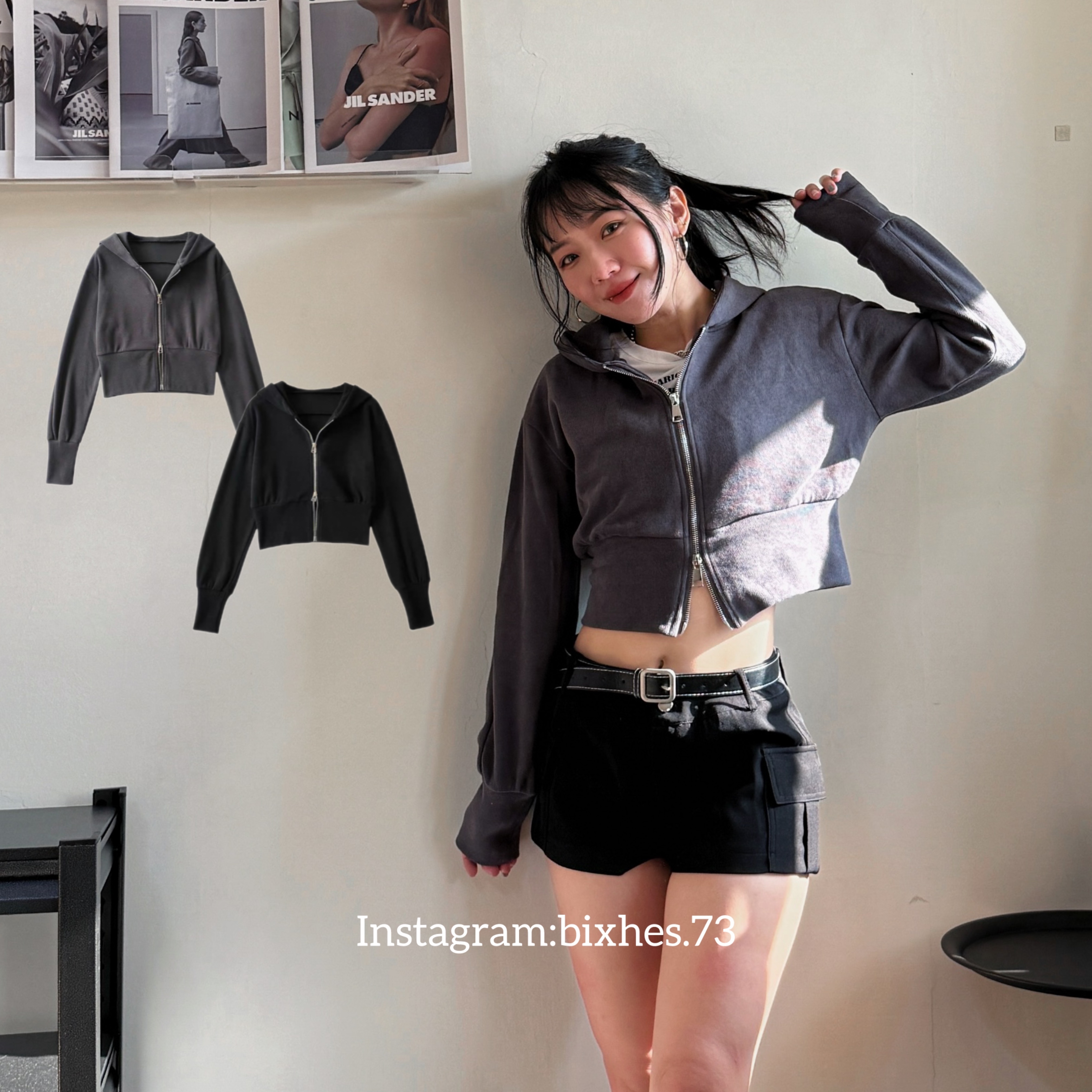 連帽雙拉鏈棉質短版外套(F00055)