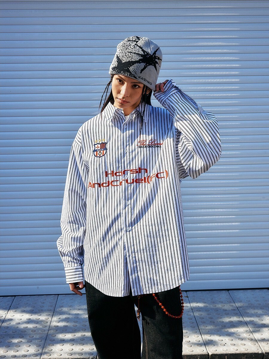 harsh and cruel 2025SS 美式 復古 刺繡字體 條紋 長袖襯衫