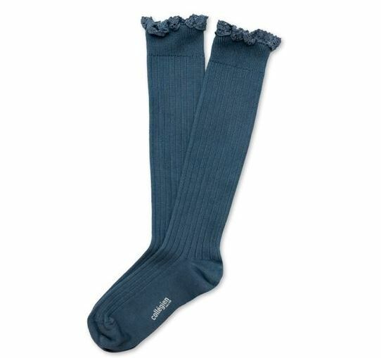 (預購) COLLEGIEN 布蕾絲邊羅紋長襪 Joséphine - 960 Bleu Cendré 灰藍