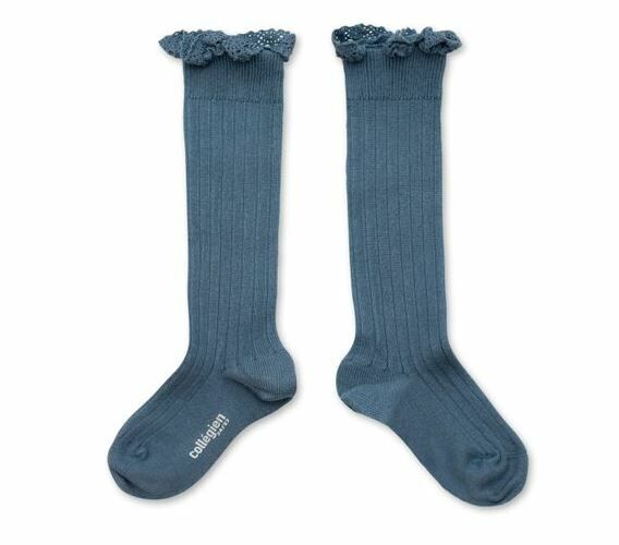 (預購) COLLEGIEN 布蕾絲邊羅紋長襪 Joséphine - 960 Bleu Cendré 灰藍