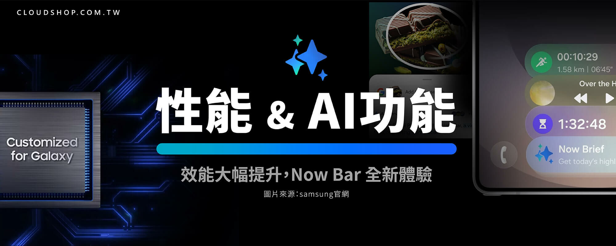 三星 Galaxy AI 手機性能提升與 Now Bar 介面示意圖，展示 AI 功能與多工體驗優化