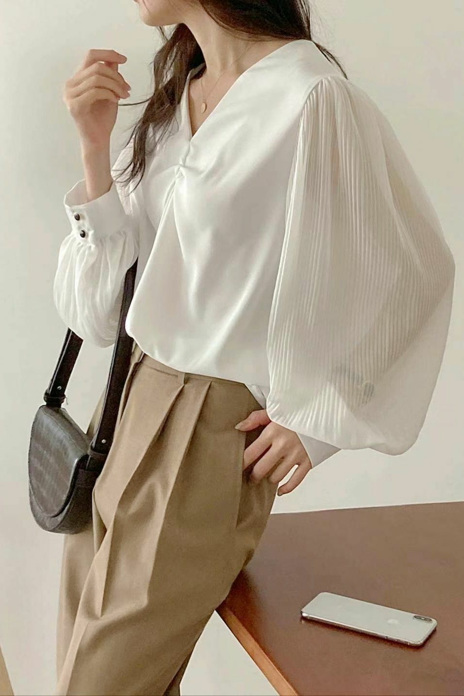 TOP#14526 🤎 柔光雪紡燈籠上衣