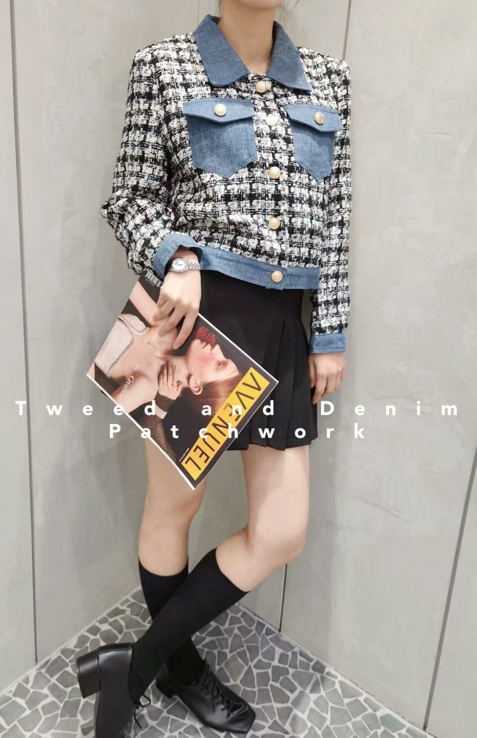 JK#14519🤎Tweed and Denim Patchwork jacket