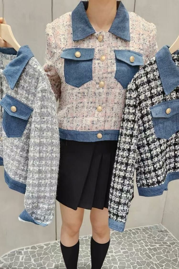 JK#14519🤎Tweed and Denim Patchwork jacket