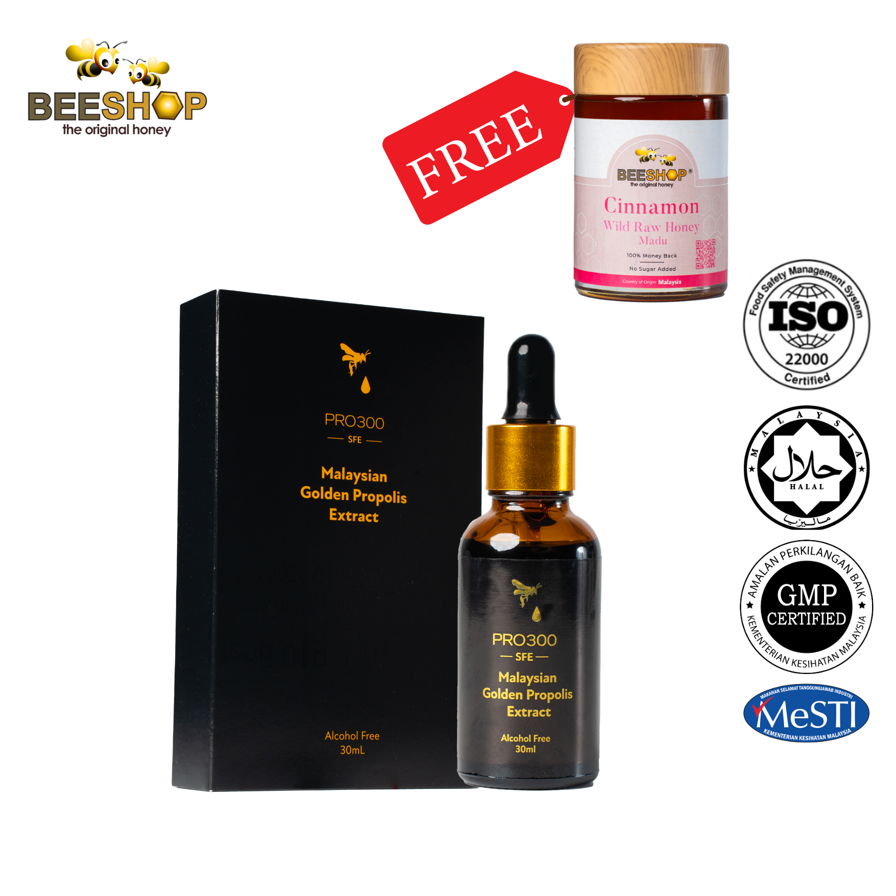 KELULUT GOLDEN PROPOLIS 30ML FREE CINNAMON WILD RAW HONEY 380G (HALAL)