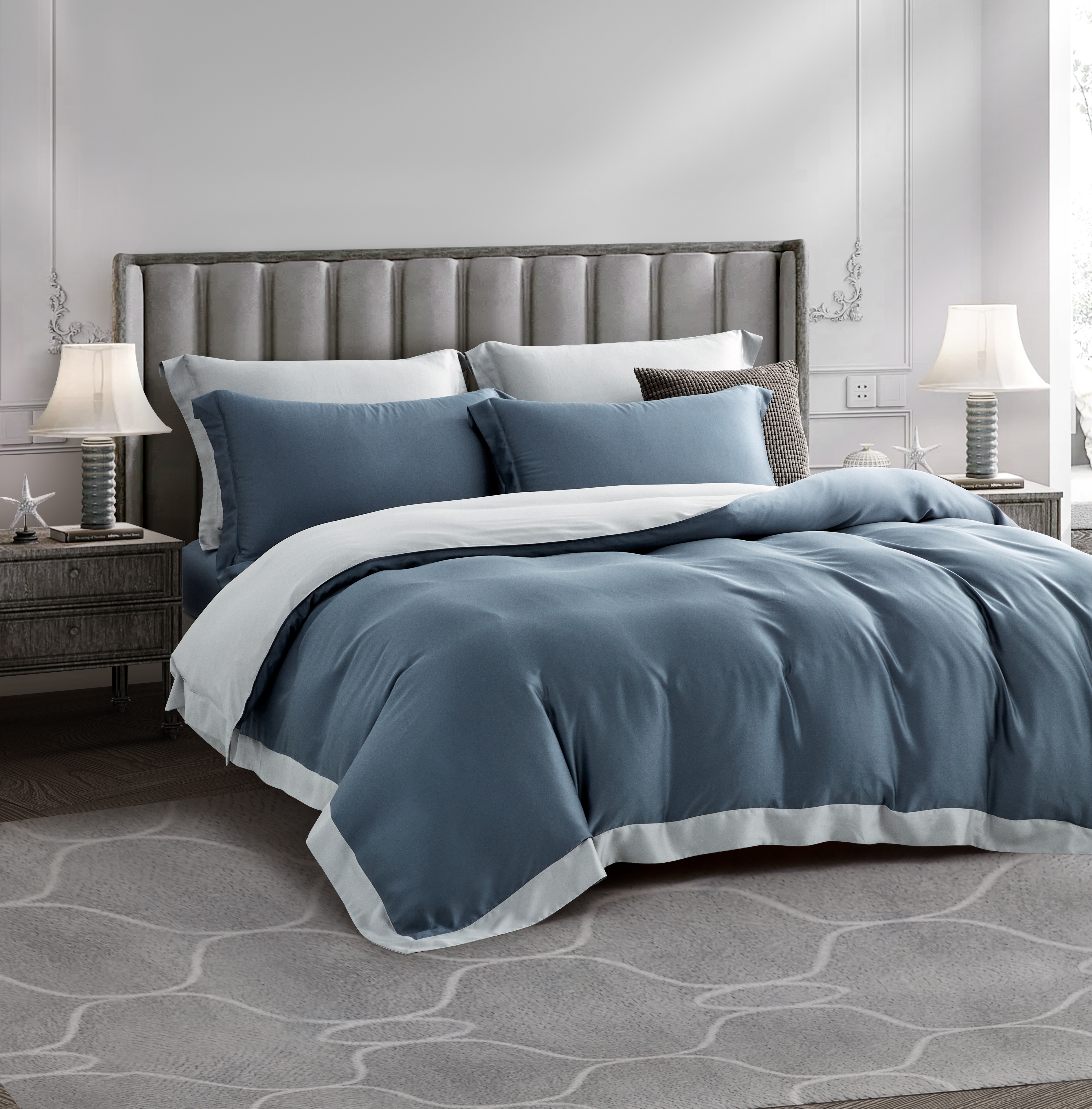 100%頂級60支素面雙拼色天絲-煙藍(有單人)