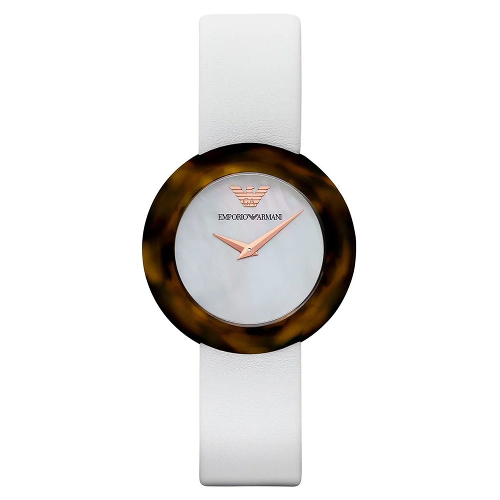 【Armani 亞曼尼】AR7383 素雅 白色 皮革 女款 石英 手錶