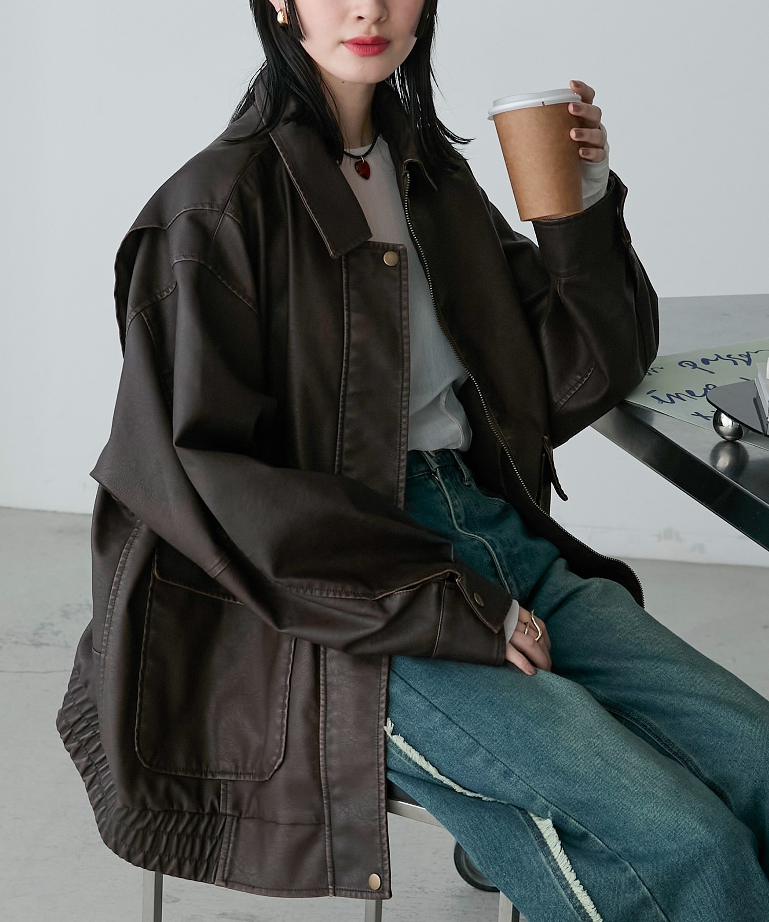 🇯🇵 FORKSY. 復古風 雙拉鍊 大夾克 皮外套 皮衣 合成皮 刷舊 OVERSIZE 黑色 深棕 男女 / 預購