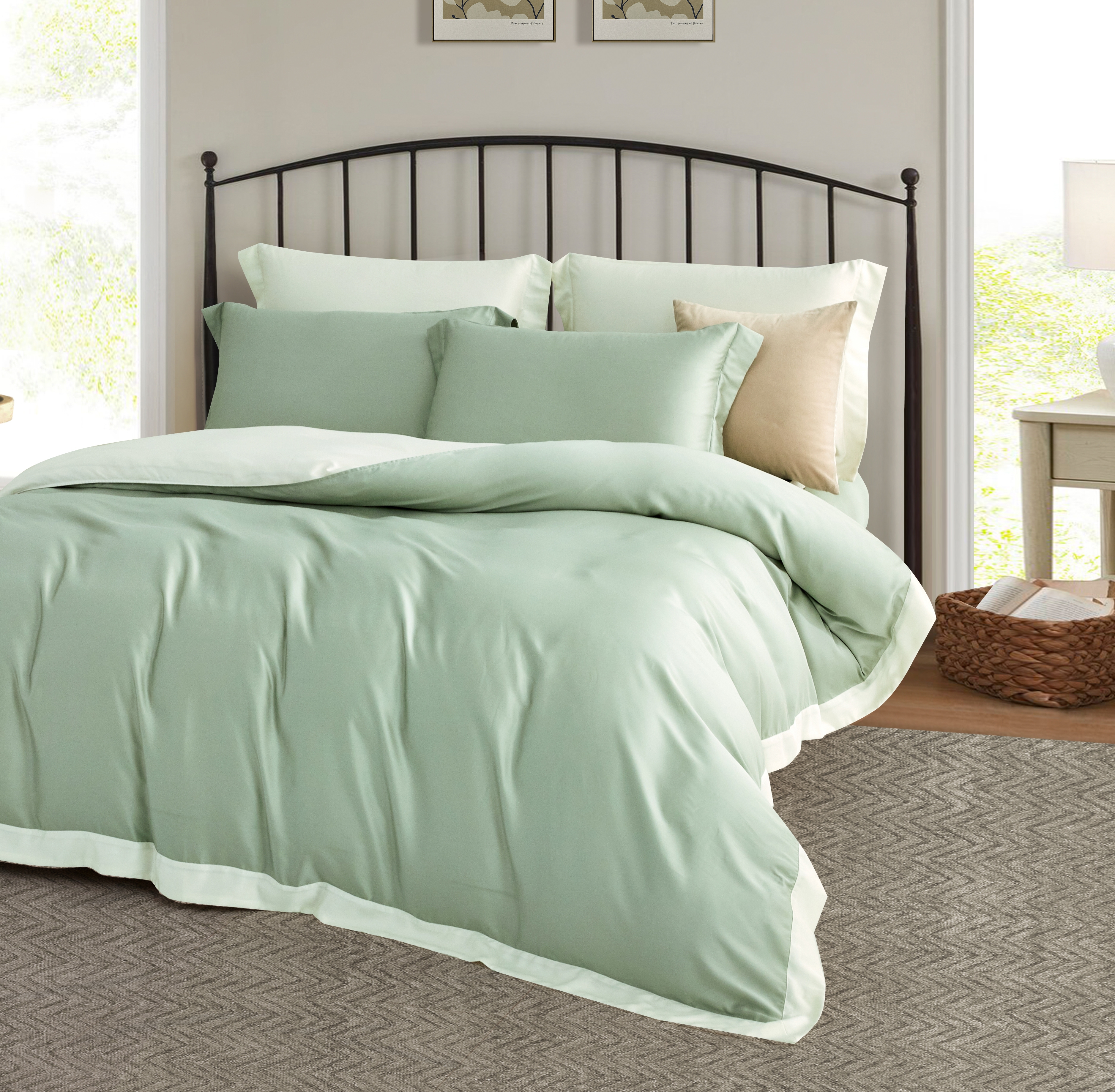 100%頂級60支素面雙拼色天絲- 茉香綠(有單人)