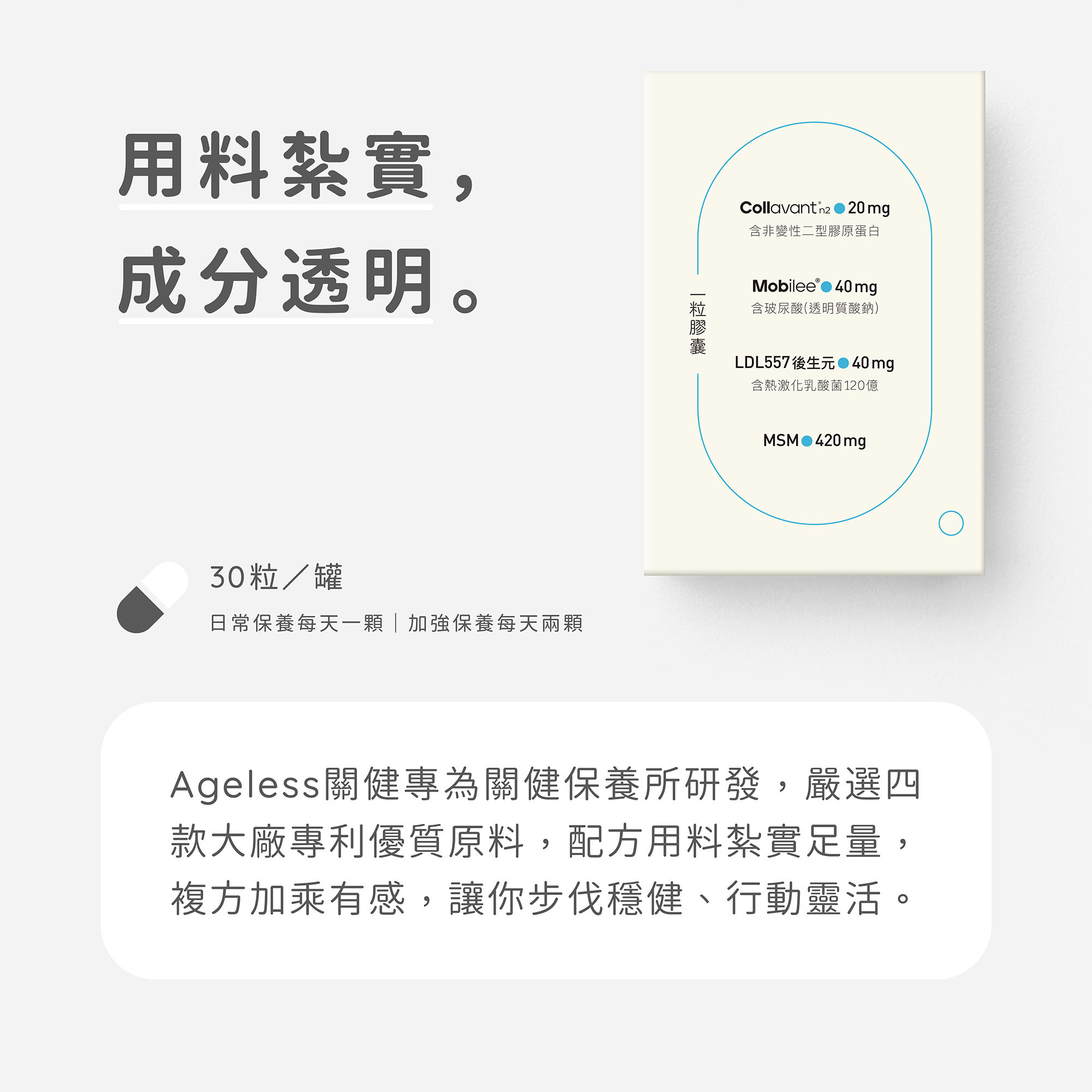 Ageless關健專為關健保養所研發，嚴選四款大廠專利優質原料，配方用料紮實足量，複方加乘有感，讓你步伐穩健、行動靈活。