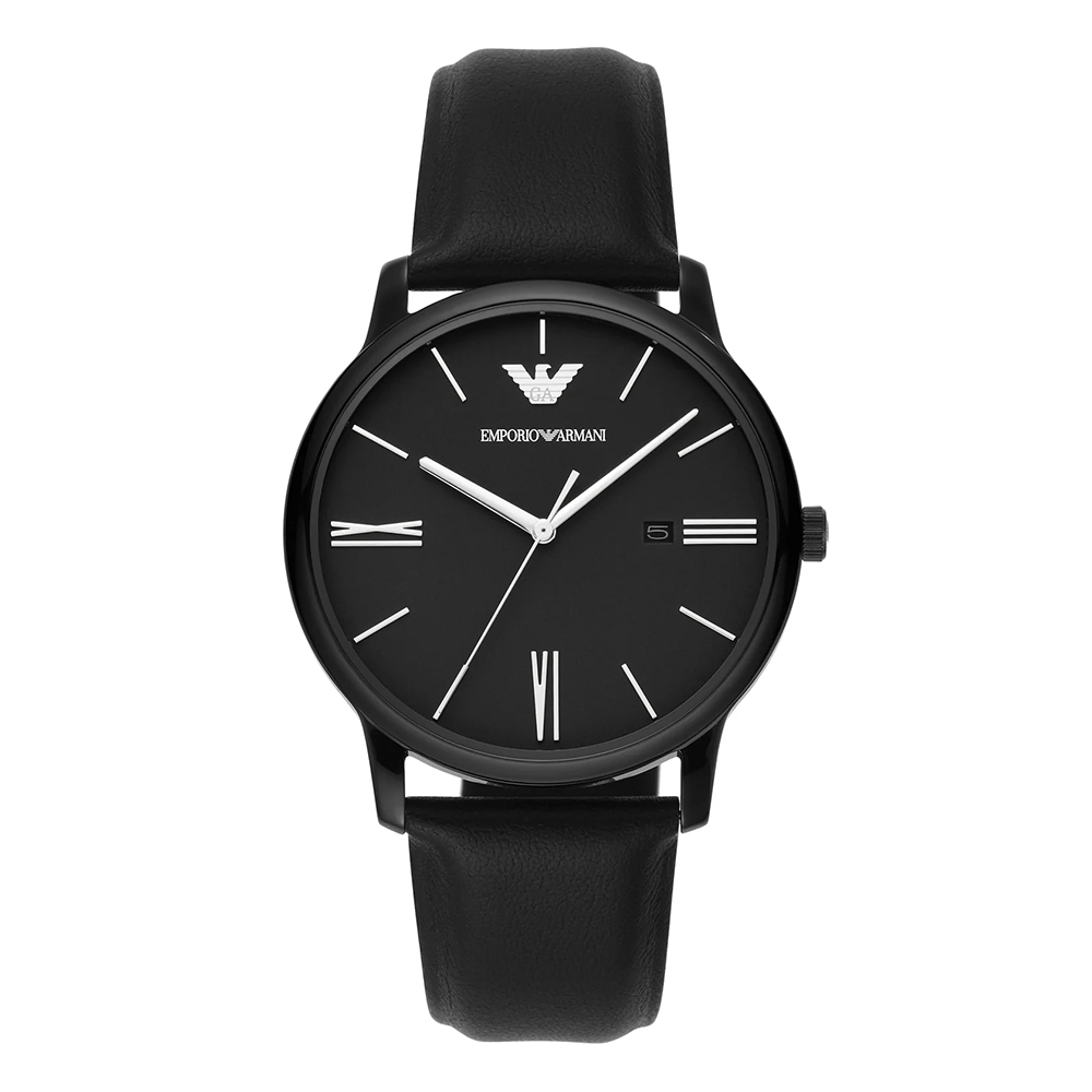 【Armani 亞曼尼】AR115 簡約 氣質 月相 日期 真皮錶帶 不銹鋼 石英 手錶