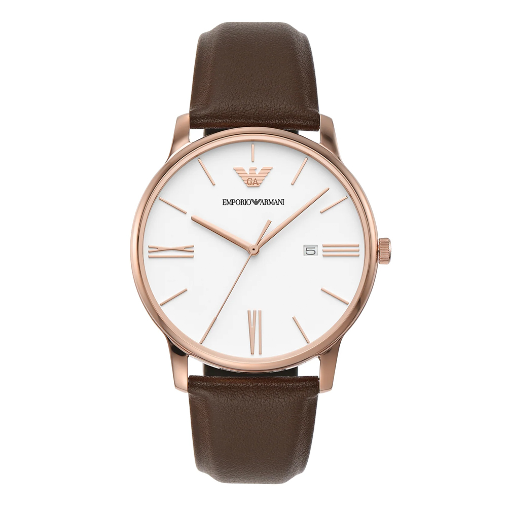 【Armani 亞曼尼】AR115 簡約 氣質 月相 日期 真皮錶帶 不銹鋼 石英 手錶