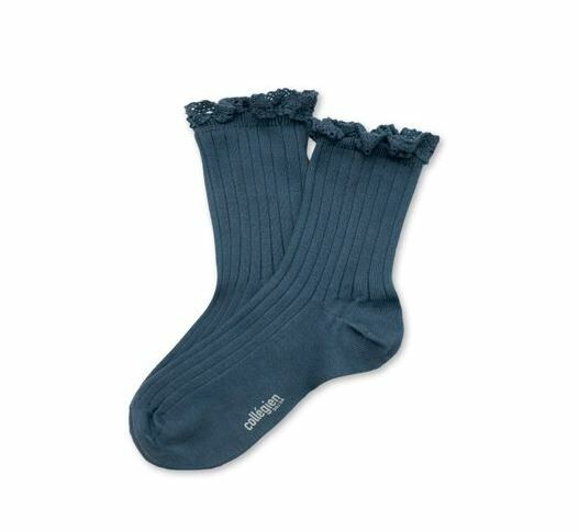 COLLEGIEN 蕾絲邊羅紋短襪Lili -  Bleu Cendré灰藍