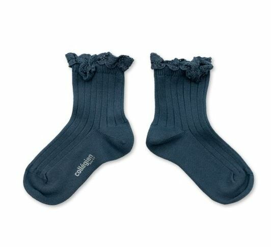 COLLEGIEN 蕾絲邊羅紋短襪Lili -  Bleu Cendré灰藍