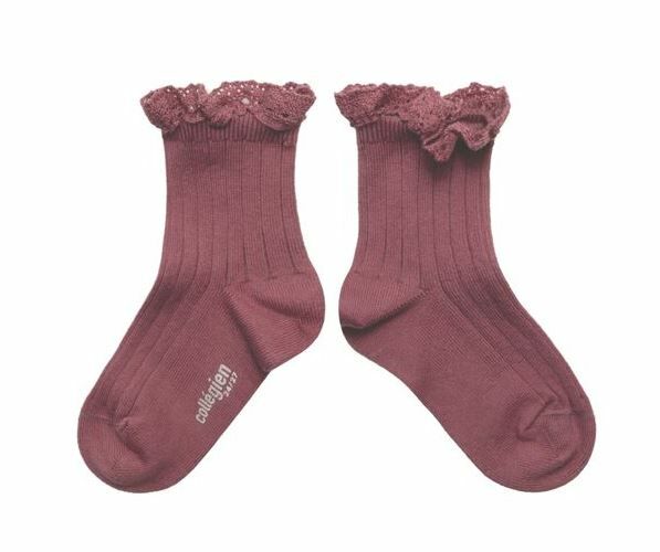 COLLEGIEN 蕾絲邊羅紋短襪Lili - Raisin Rose葡萄玫瑰