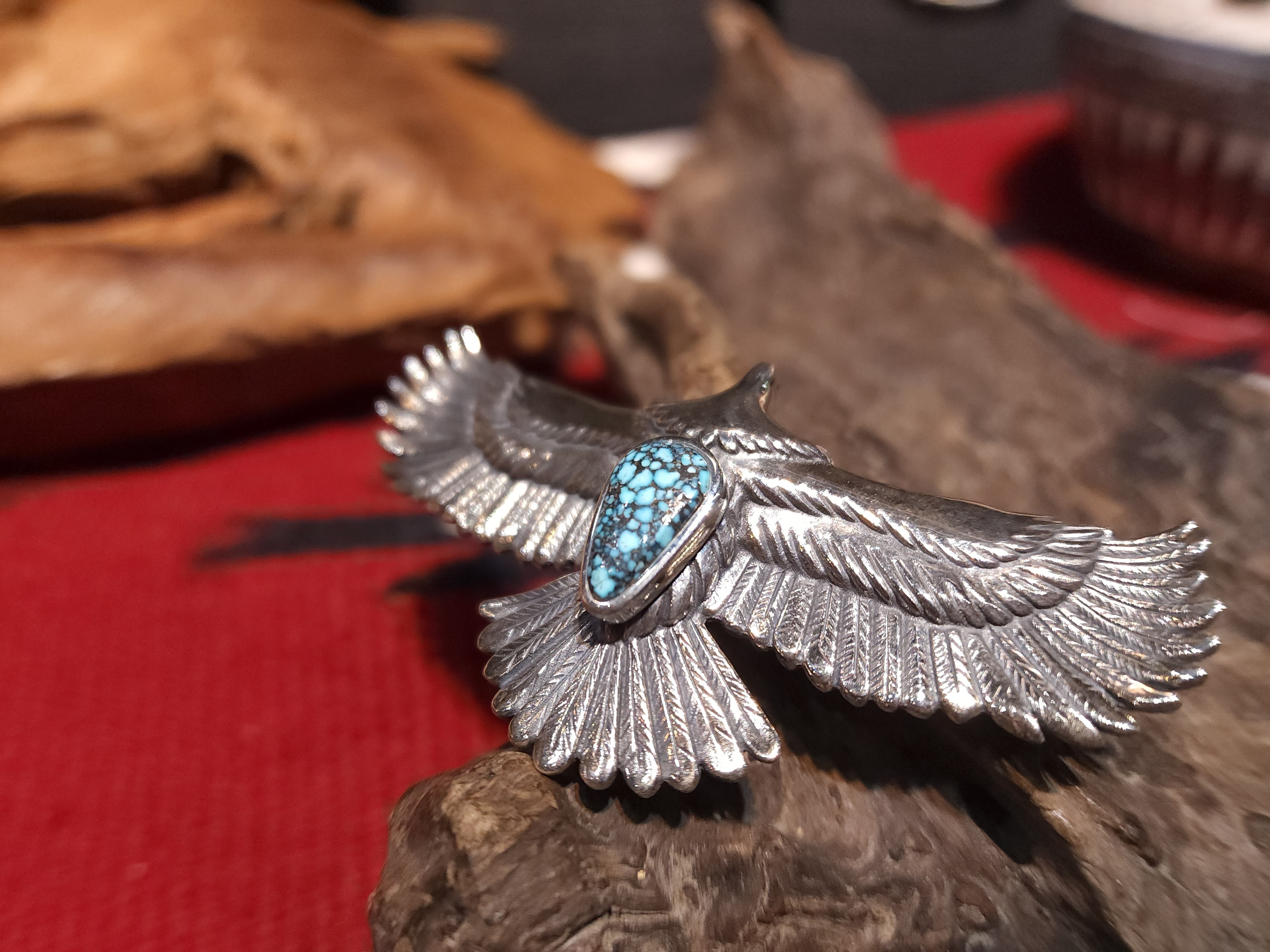 *Black Venom Jewelry- Freedom & Prayer 7.5cm全銀展翅平飛鷹老鷹鑲 Kingman 松石