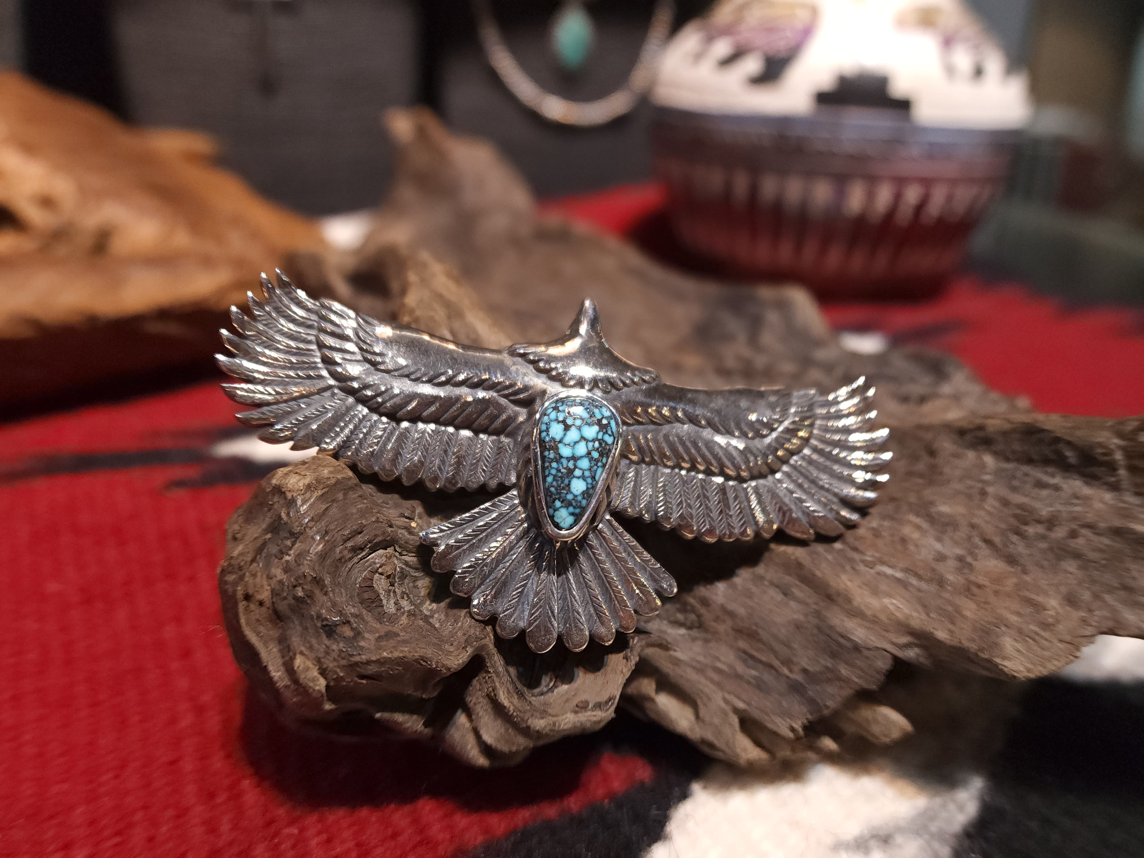 *Black Venom Jewelry- Freedom & Prayer 7.5cm全銀展翅平飛鷹老鷹鑲 Kingman 松石