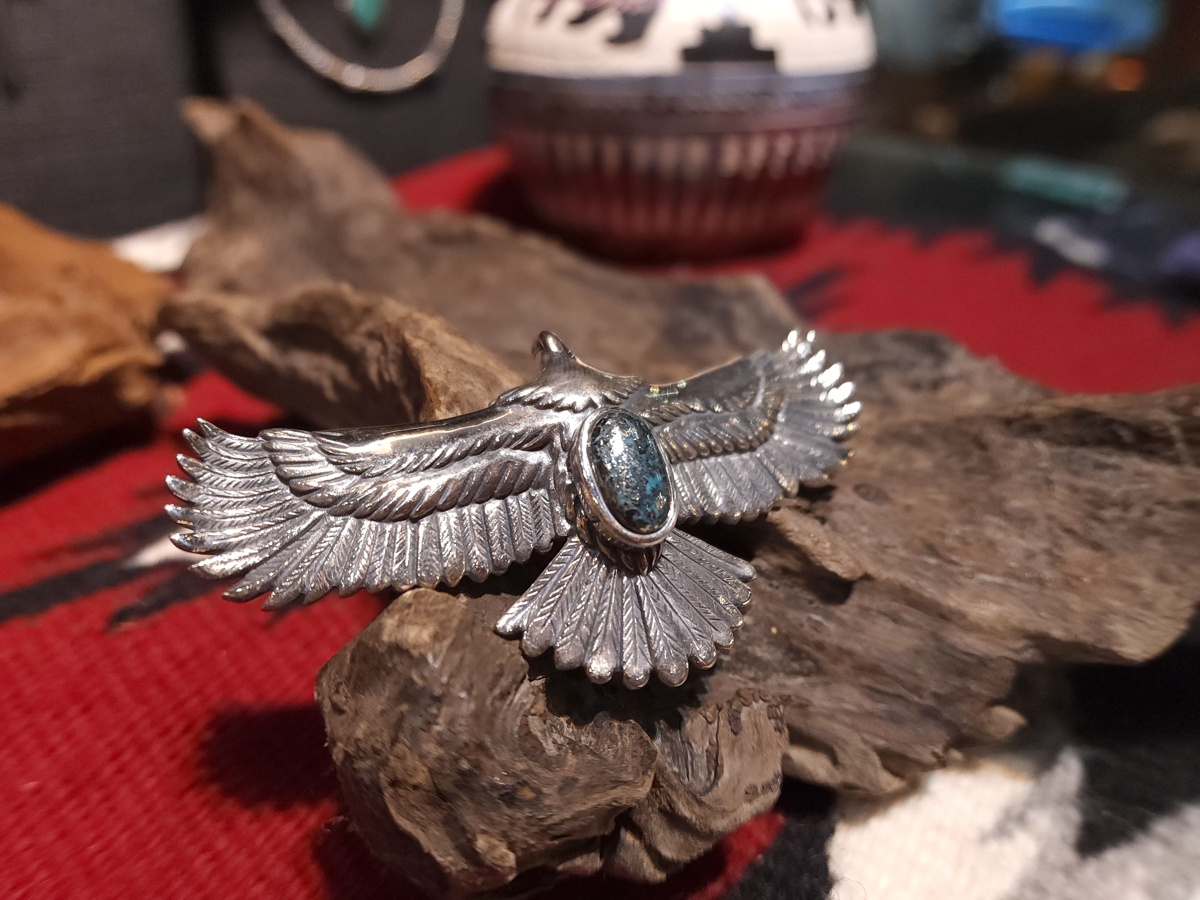 *Black Venom Jewelry- Freedom & Prayer 7.5cm全銀展翅平飛鷹老鷹鑲 Morenci II 松石