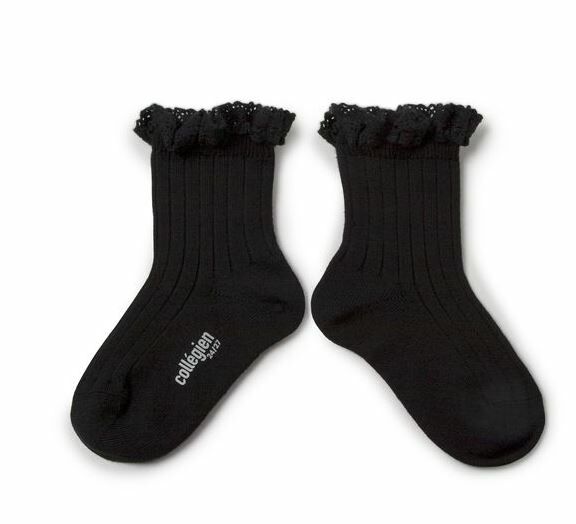 COLLEGIEN 蕾絲邊羅紋短襪Lili -  Noir de Charbon黑