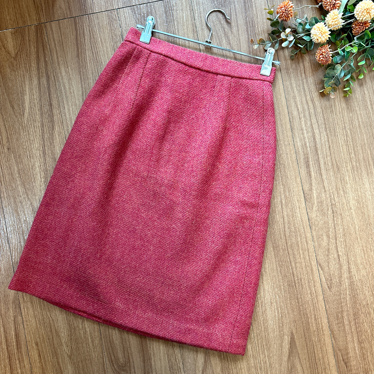 莓紅色羊毛直筒古著半裙