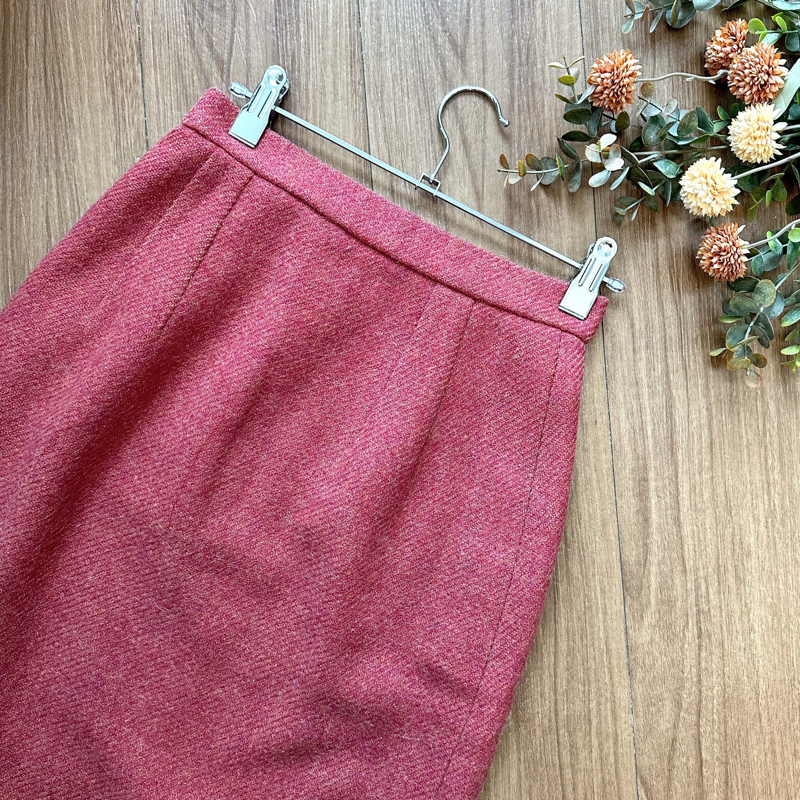 莓紅色羊毛直筒古著半裙