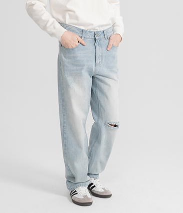 刷破水洗寬版直筒褲