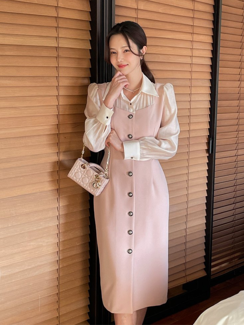 [現貨] Audrey 緞面拼接洋裝 [ 粉色 / S]