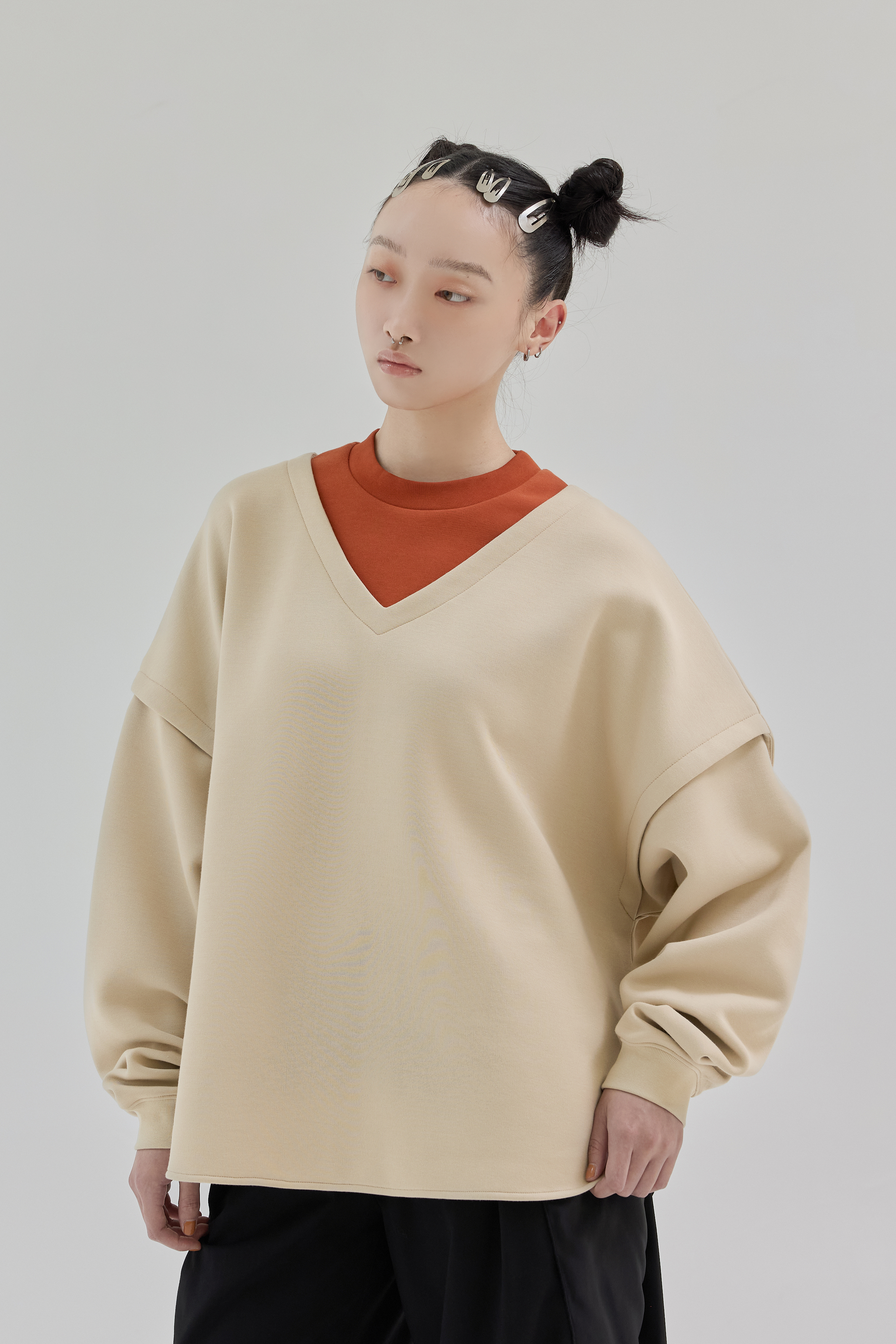 Double Layer Colorblock Long Sleeve Tee｜Beige