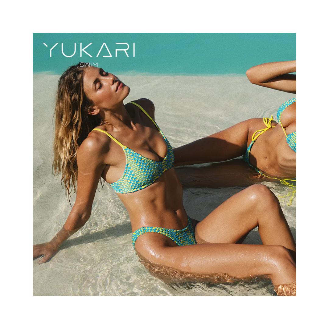 ▲Yukari Gaia 藍黃撞色針織深V集中細肩帶比基尼 [YB109]