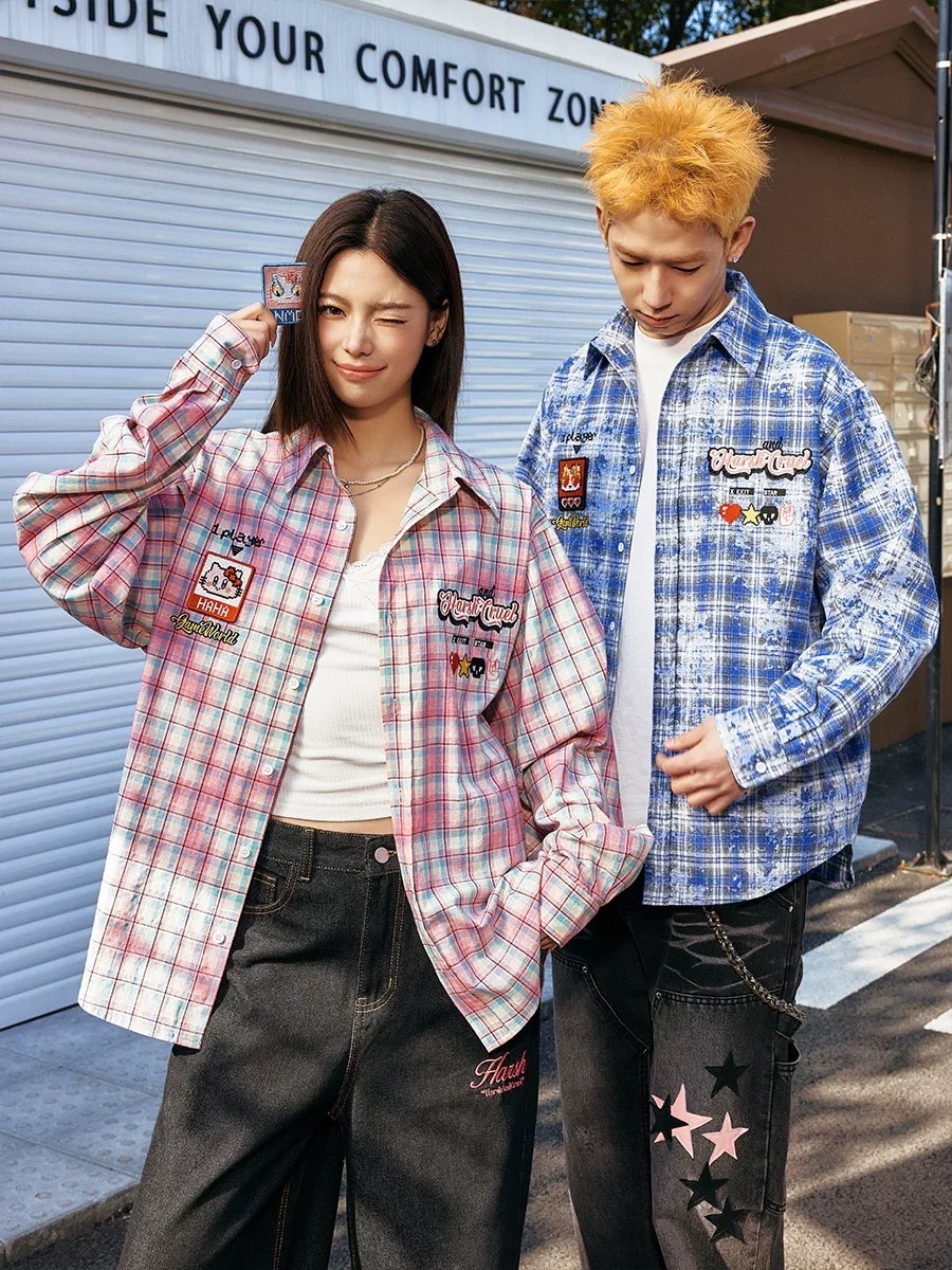 Harsh and Cruel 像素風emoji可替換魔鬼氈格紋襯衫 HZ251070041