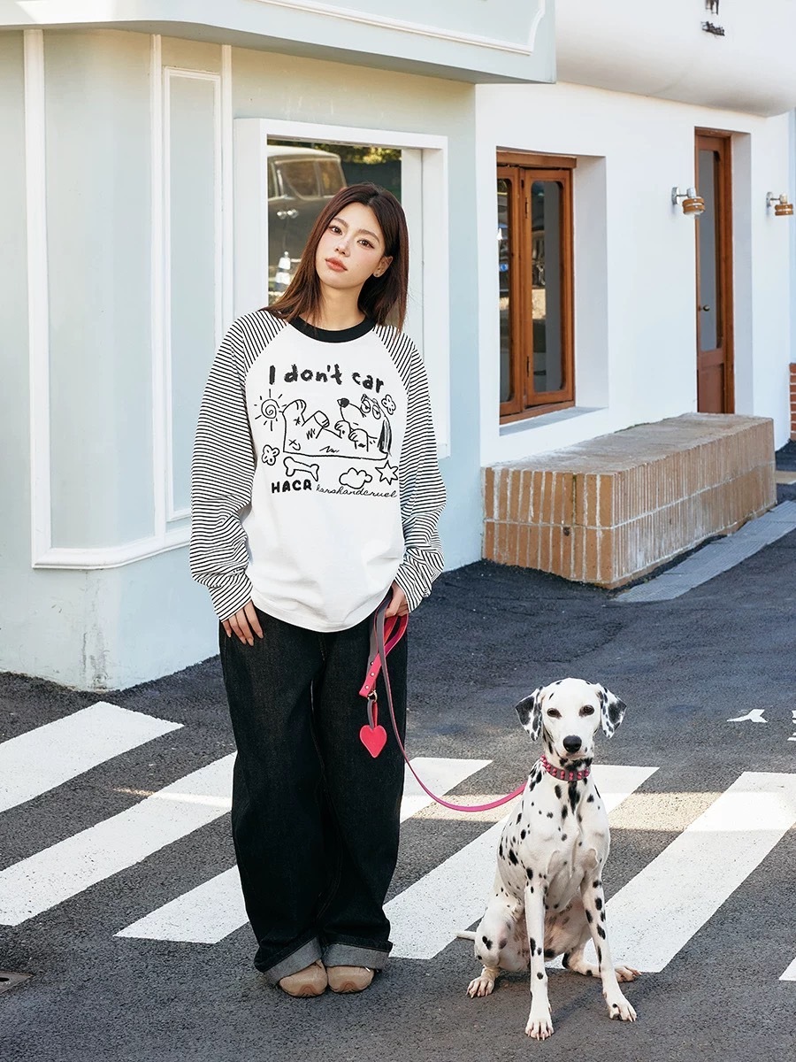 Harsh and Cruel 韓系條紋拼接手繪長袖T HA251020040