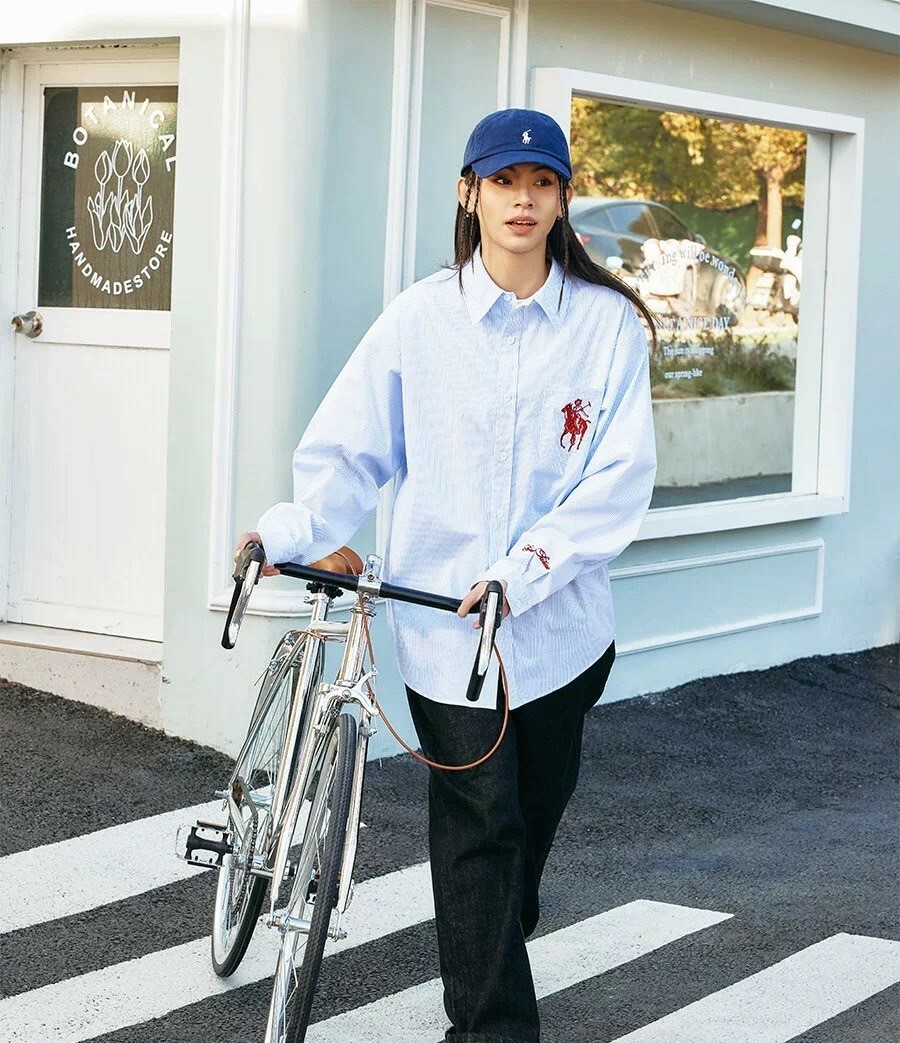 Harsh and Cruel 美式復古刺繡條紋寬鬆襯衫 HL251070028