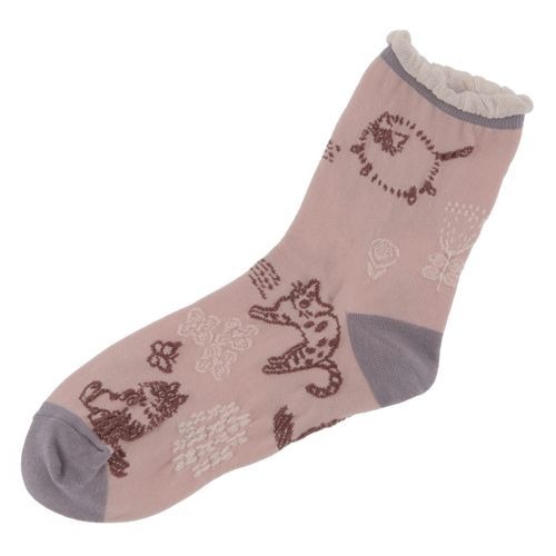 貓與花圖案短襪