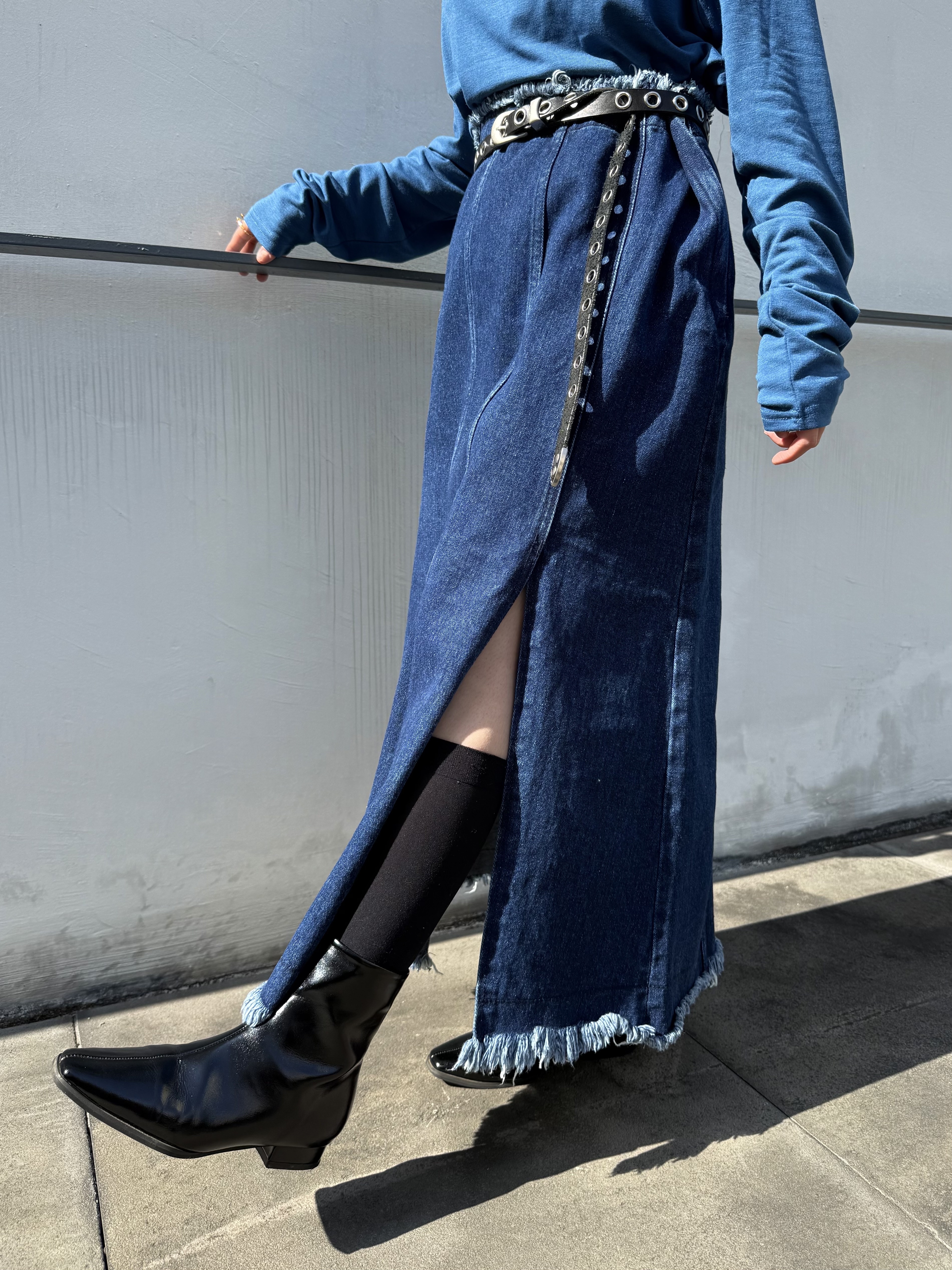 流蘇百摺開差牛仔裙