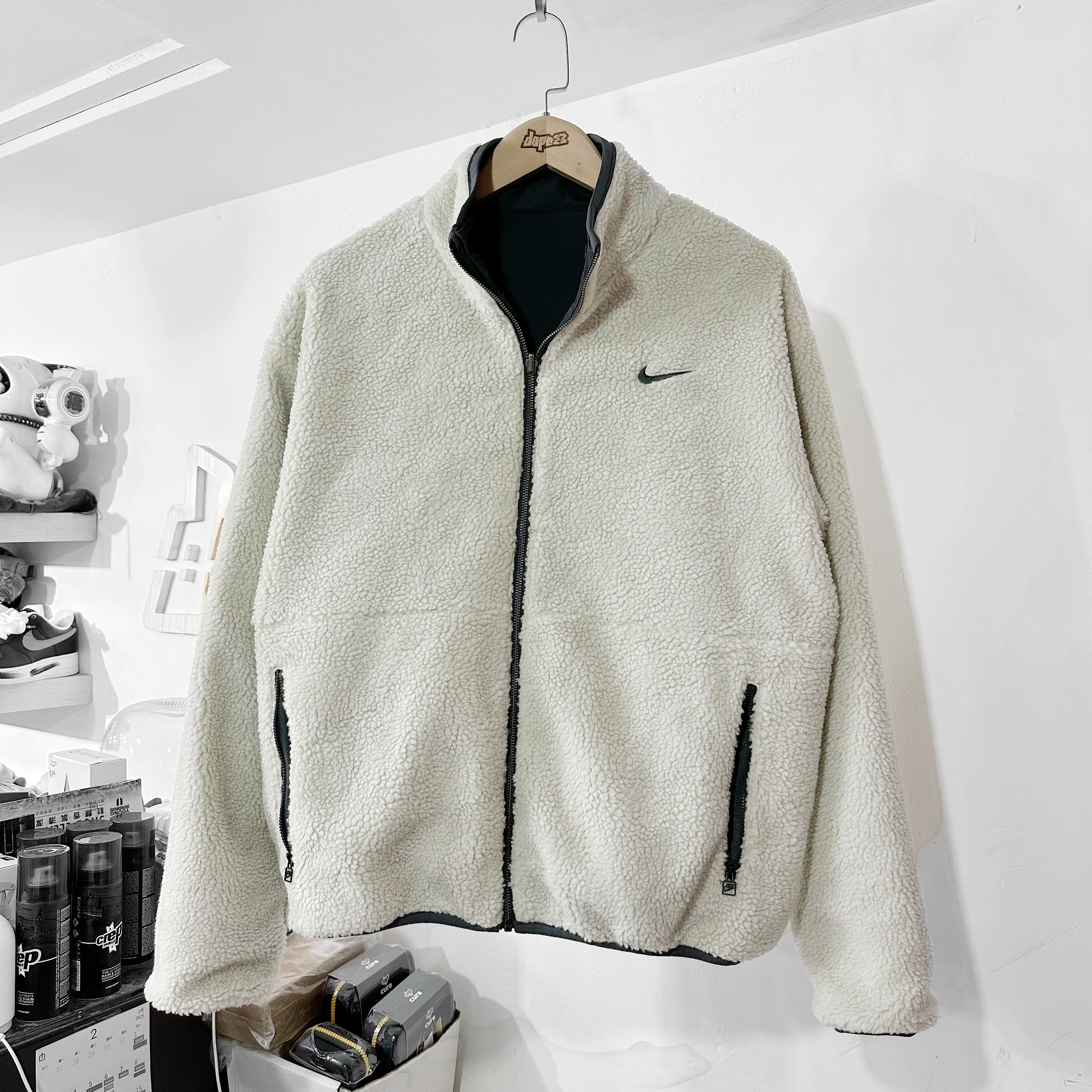 Nike Sportswear Jacket 刺繡 米白 碳黑 毛絨絨 雙面外套