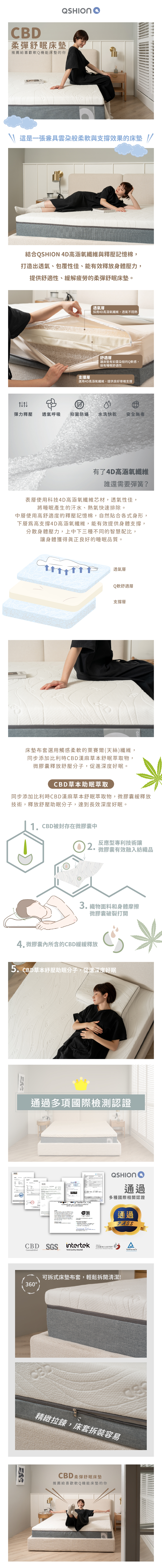 CBD柔彈舒眠床墊，添加漢麻萃取，推薦給喜歡Q軟躺感的使用者