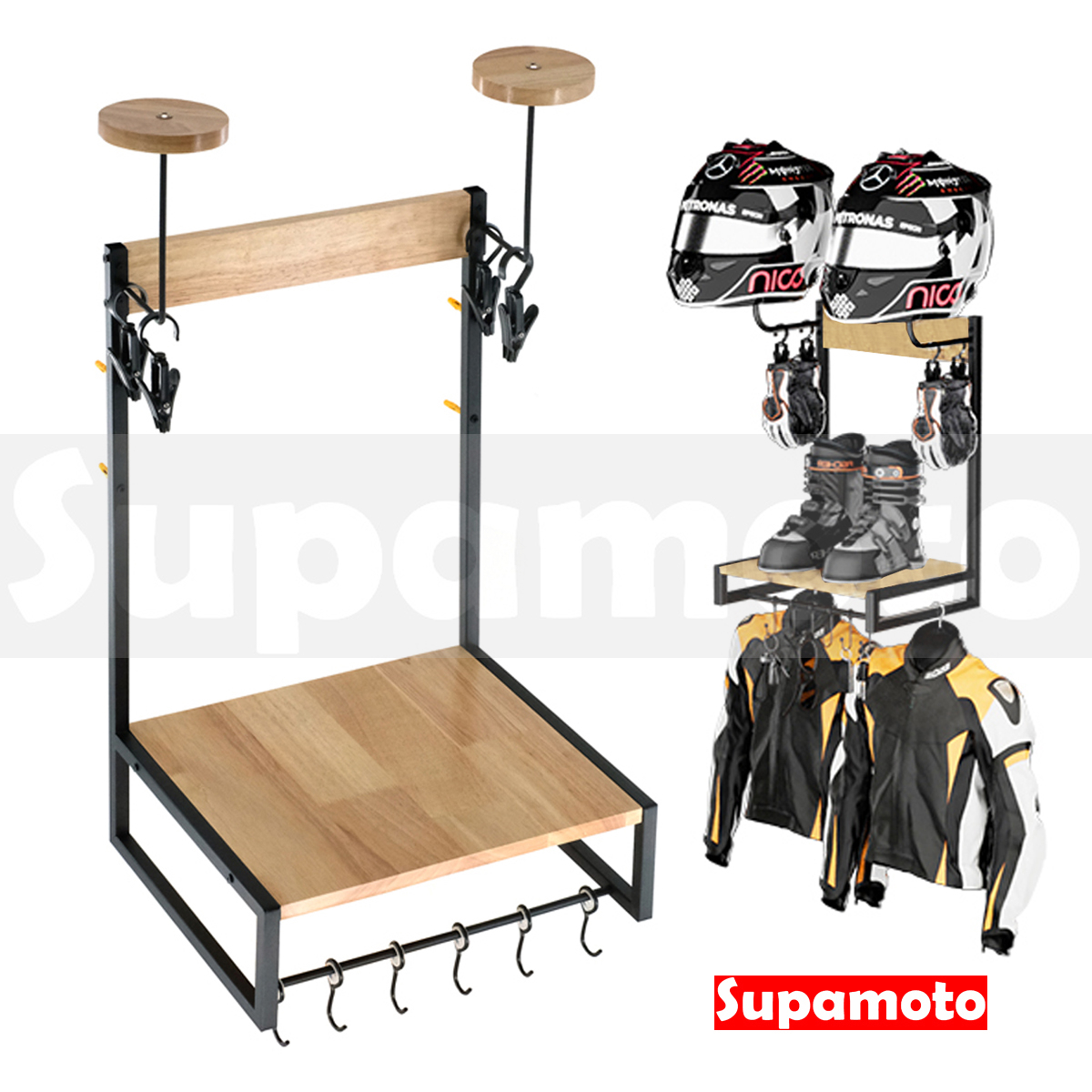 -Supamoto- 安全帽架─雙頭盔實木多功能 (掛壁/橡膠木/掛勾/外套架/鑰匙鉤/手套架/鞋架/背包架)