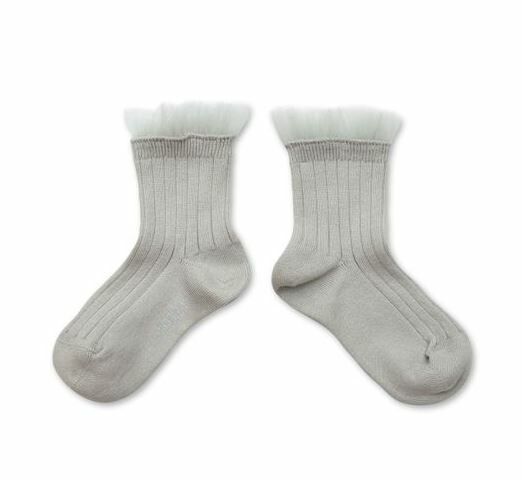 (預購) COLLEGIEN 薄紗褶邊羅紋襪 Margaux - 105 Gris Perle 珍珠灰